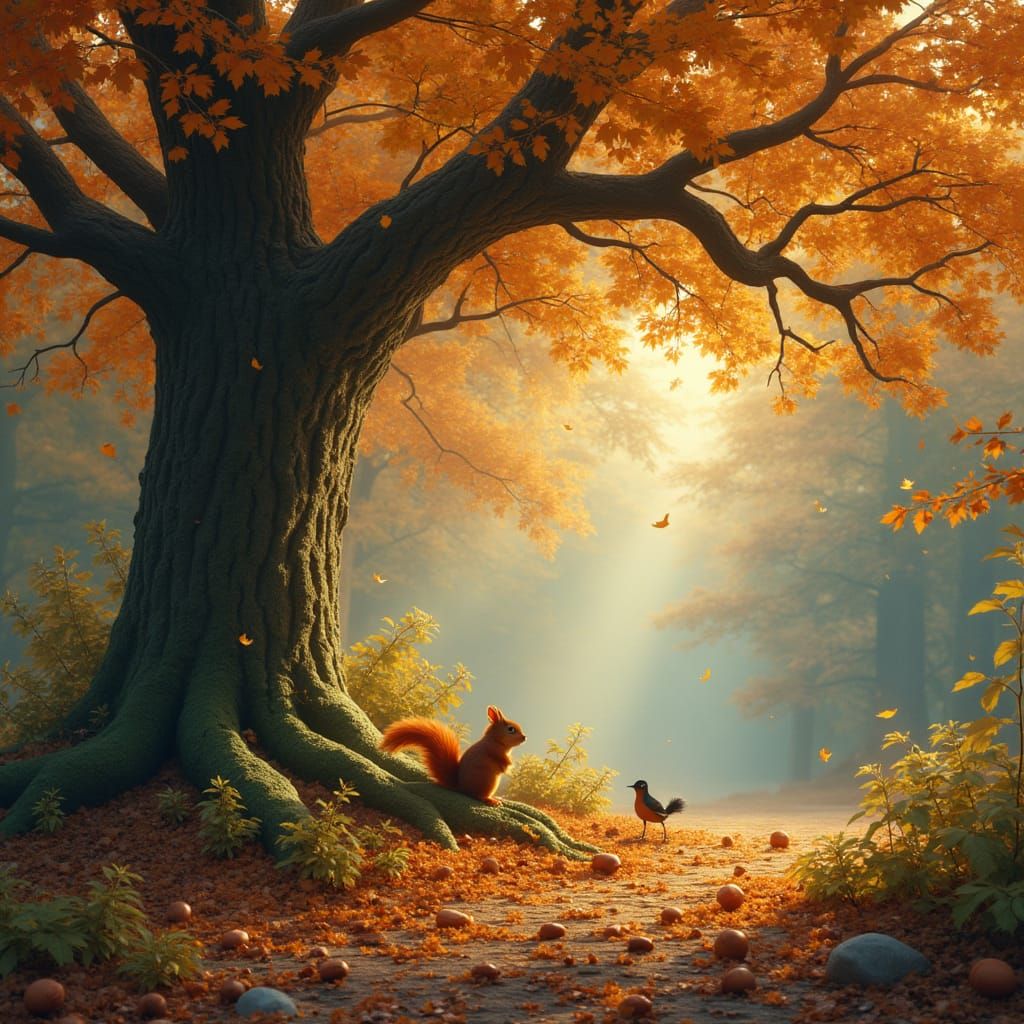 Autumnal Forest Scene with Squirrel and Bird