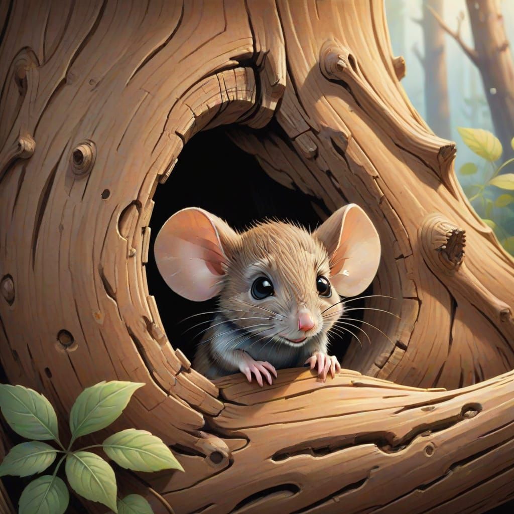 A shy little mouse peeping out of a hollow log, looking out at the big world around him. storybook illustration