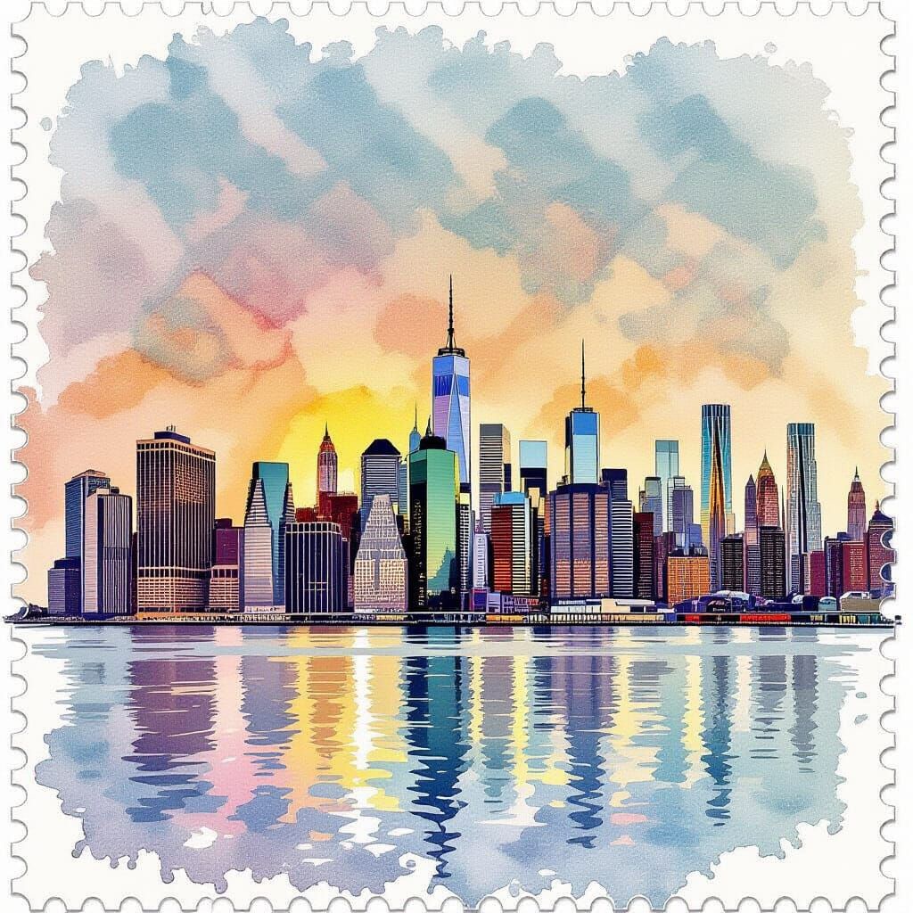 NYC Skyline Postage Stamp in Watercolor and Ink