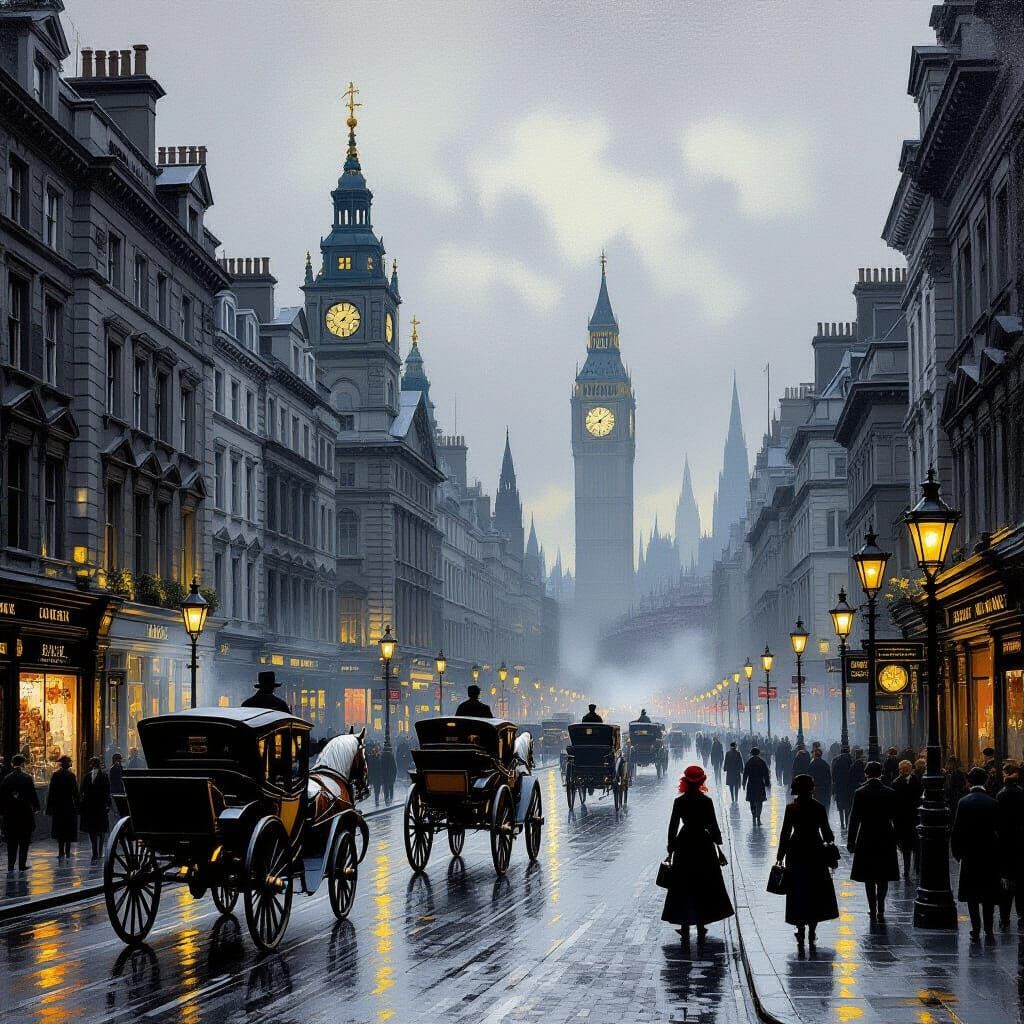 Victorian London Street Scene Oil Painting