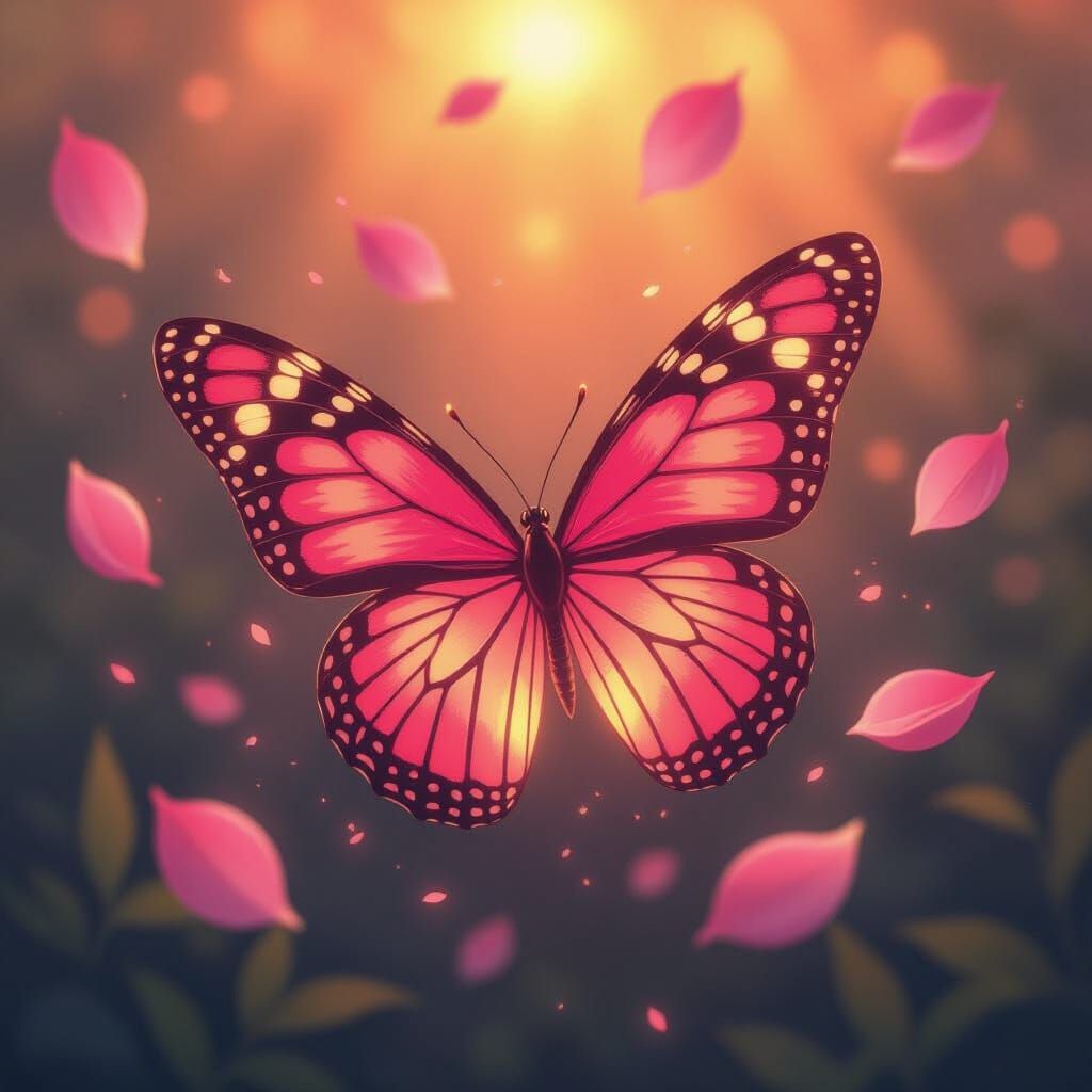 Vibrant Pink Butterfly in Fiery Sunset, Ghibli Style