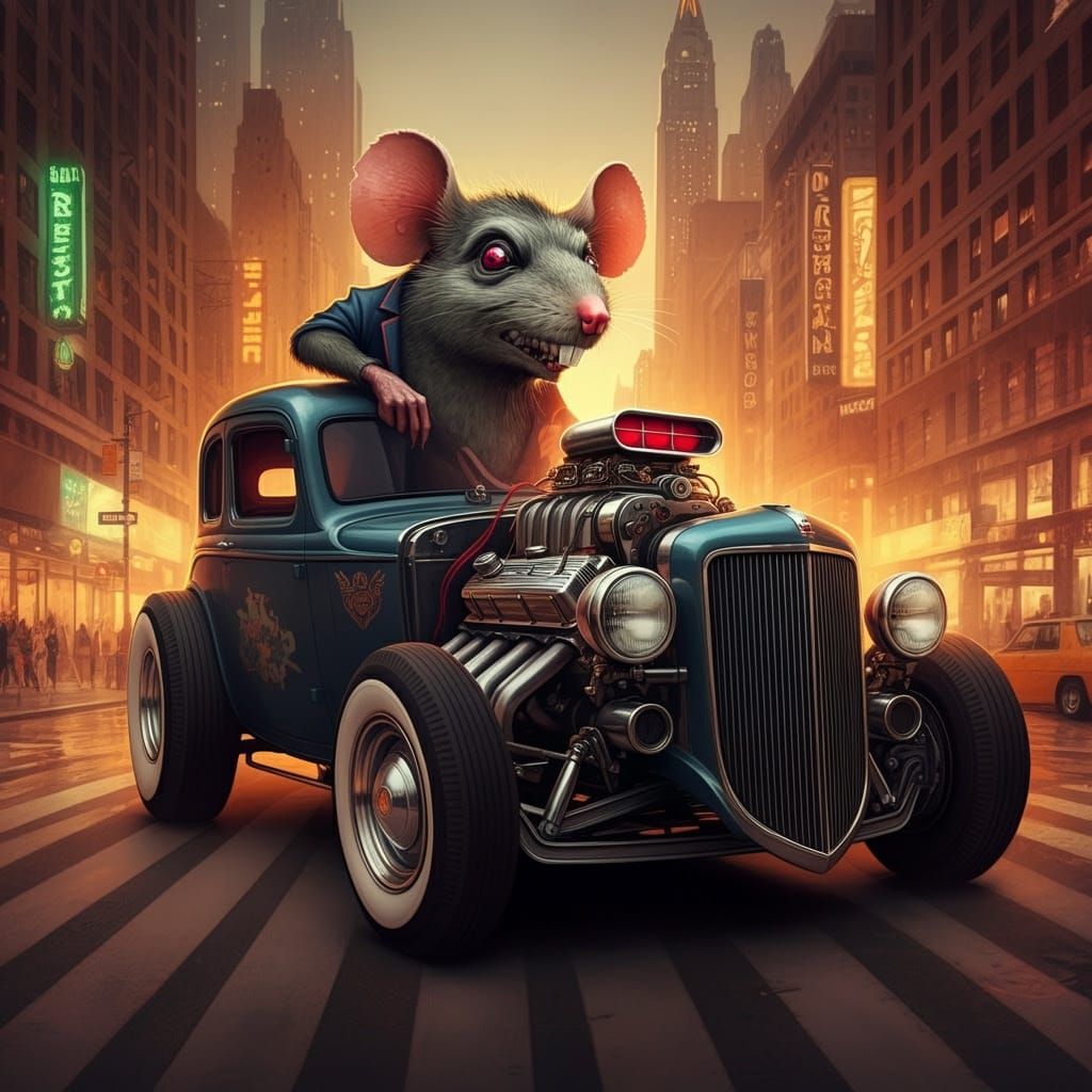 Ratfink Rat Hotrod: Vibrant NYC Night Scene in Retro-Futuris...