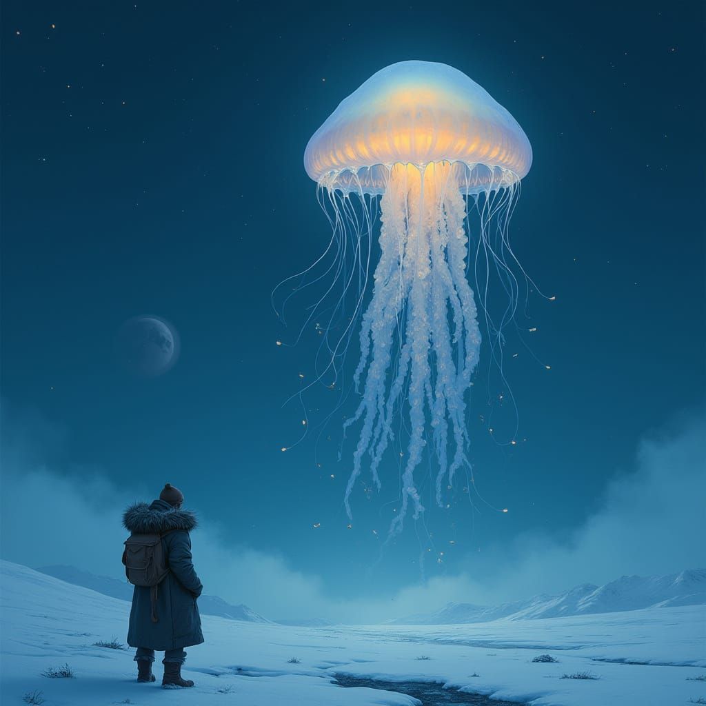 Bioluminescent Jellyfish Floats Over Snowy Plain