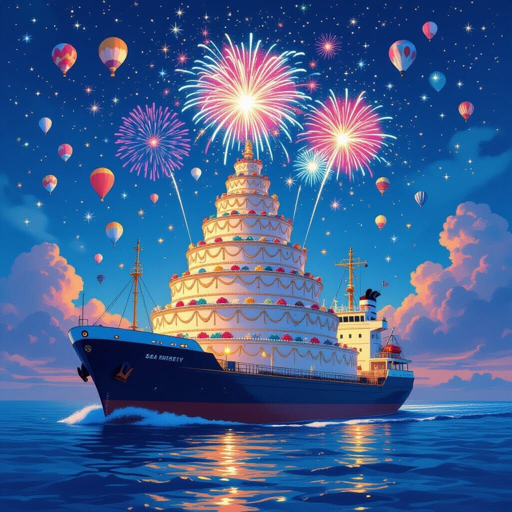 Barge Carries Giant Cake Under Fireworks And Balloons