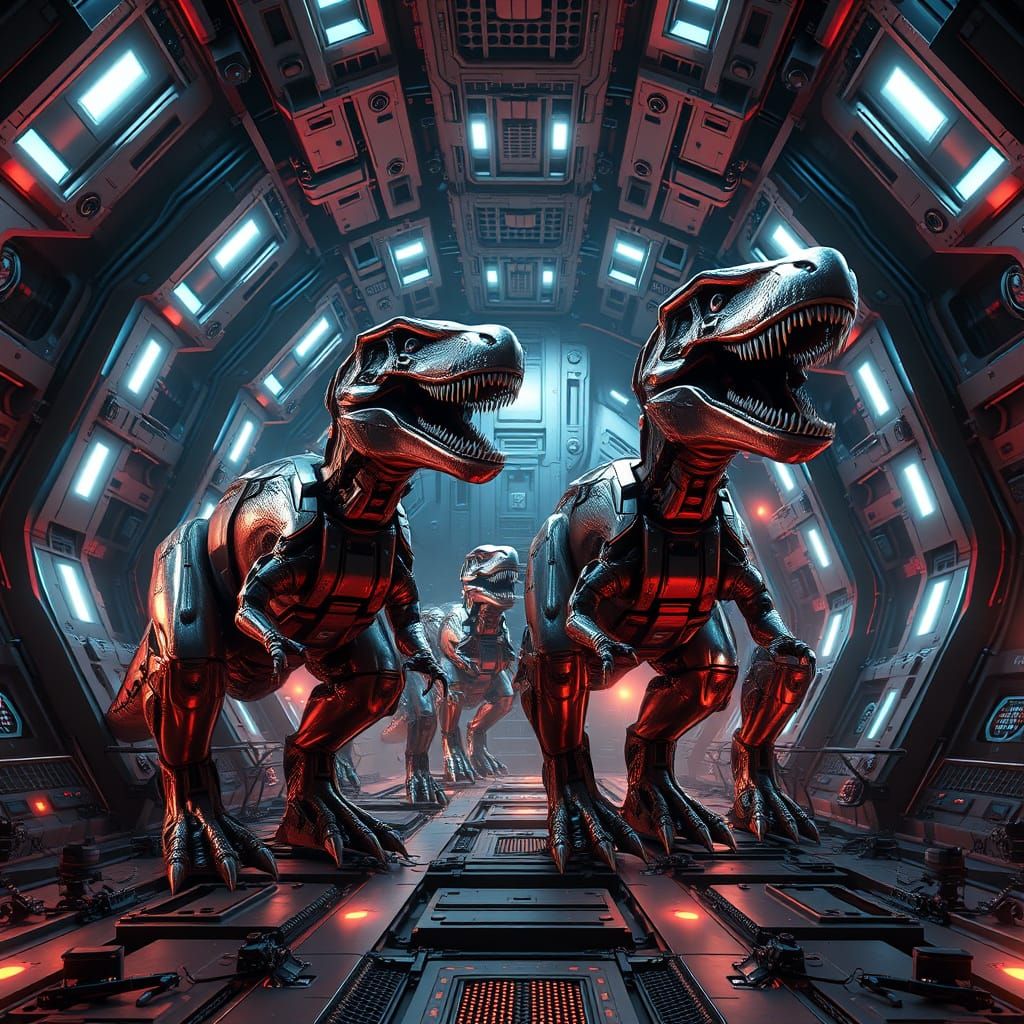Cyberpunk Robot Dinosaurs in Futuristic Spaceship