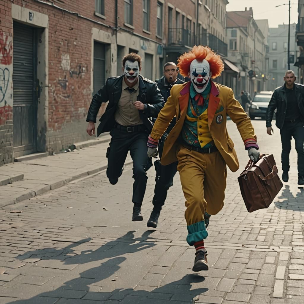 Clown on the Run in Urban Daylight
