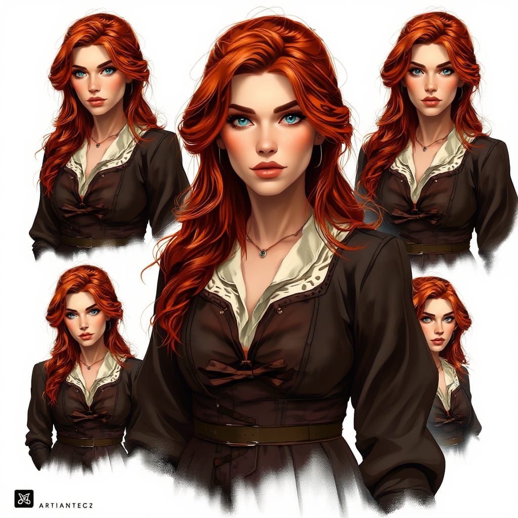 Stylish Woman in Multiple Poses, Auburn Hair and Brilliant B...