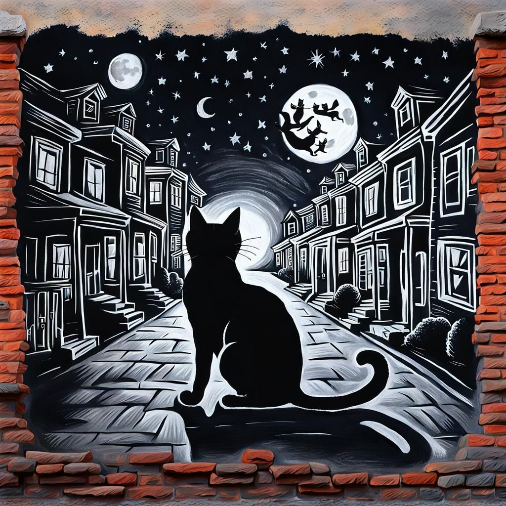 Charming Chalk Art: Cats Under the Moon
