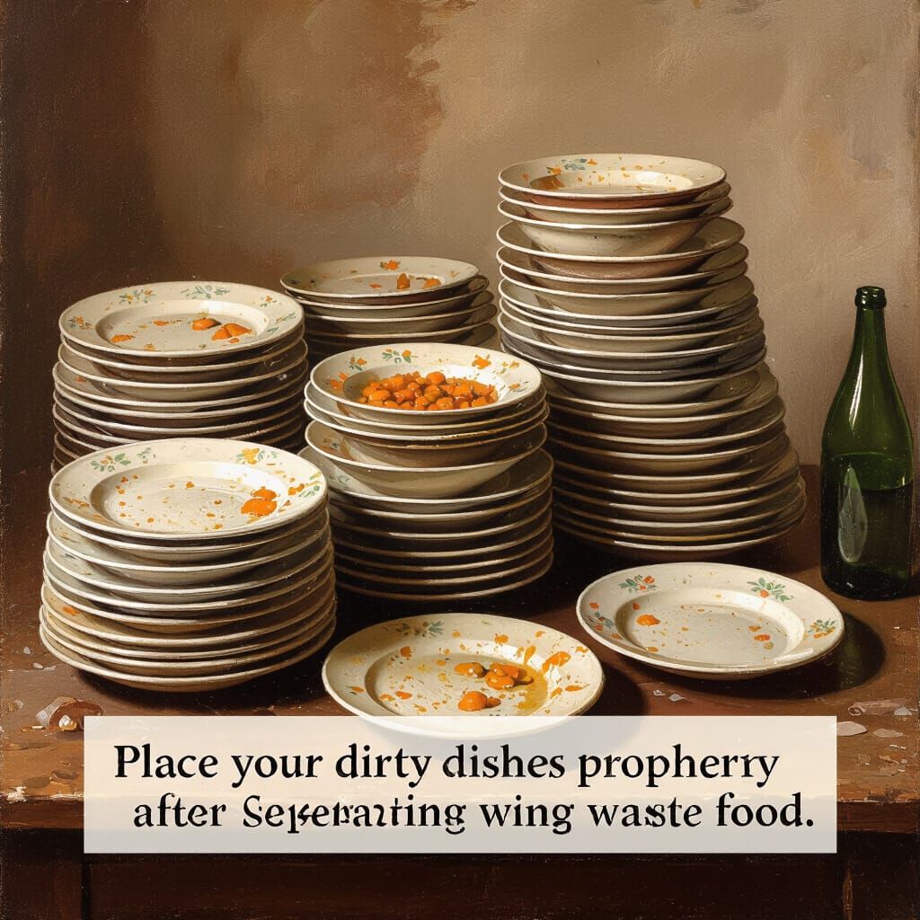 Impressionistic Dirty Dishes with Waste Disposal Message