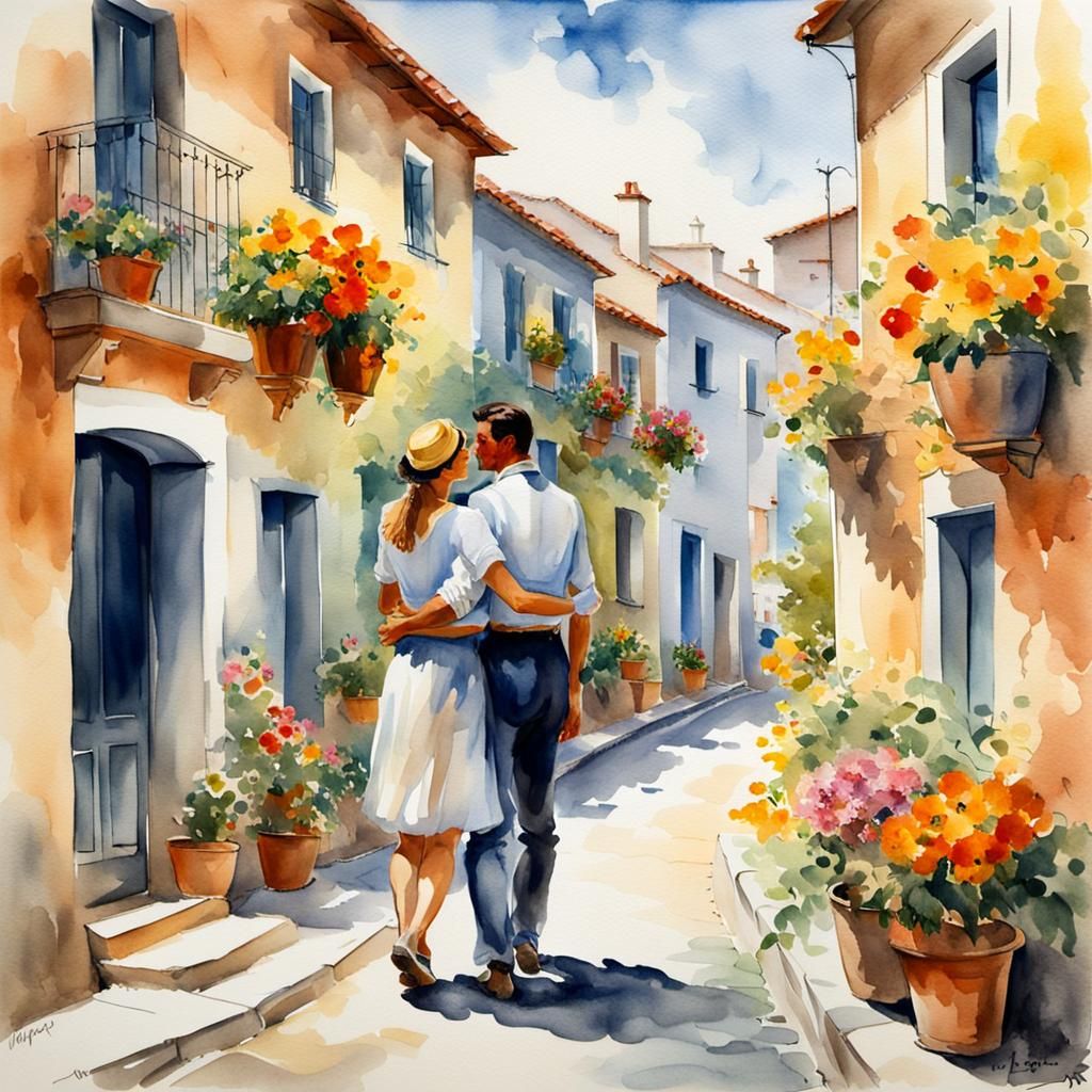 Couple's Embrace in Sunny Spanish Village: Watercolor Art
