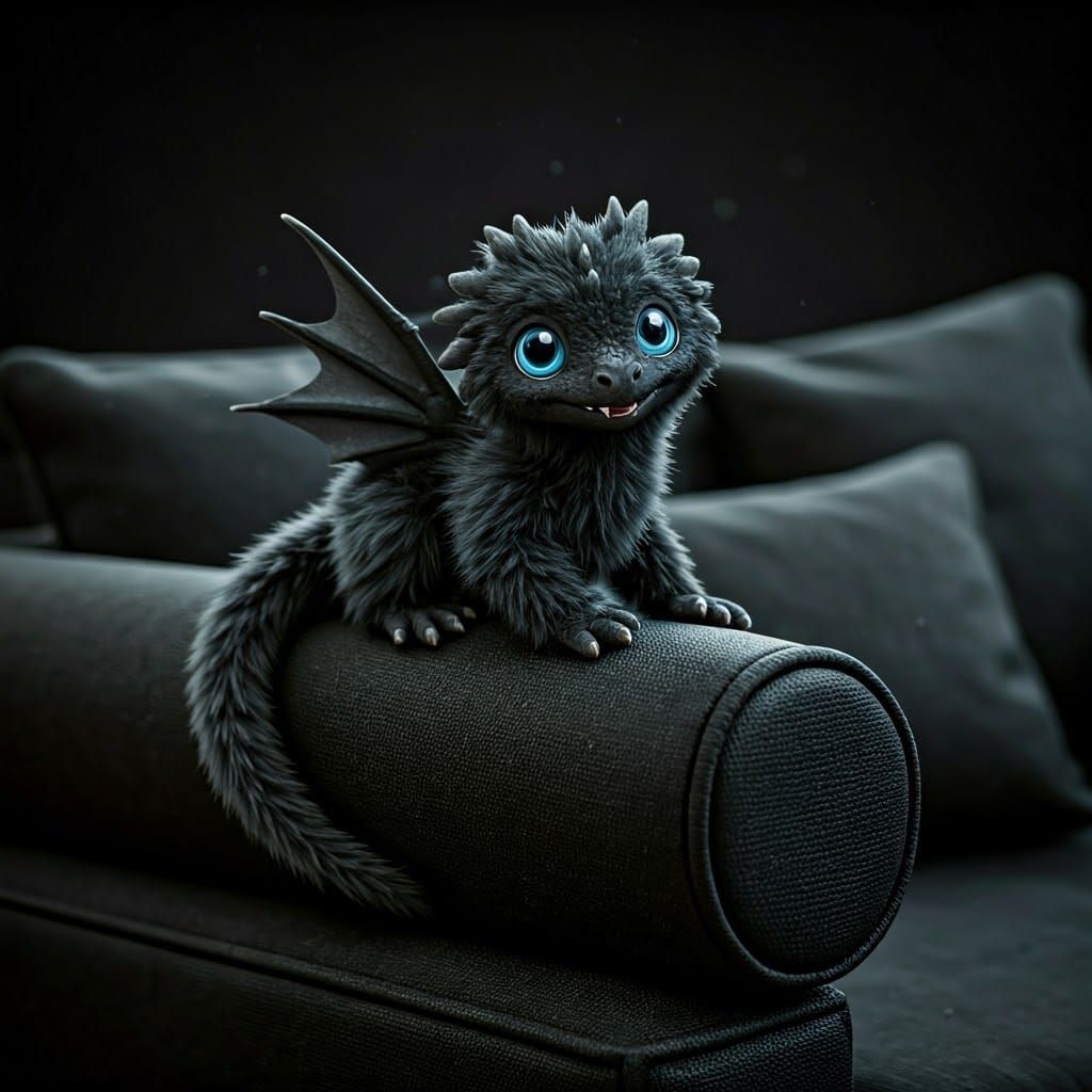 Whimsical Black Wyvern Perched on Velvet Sofa