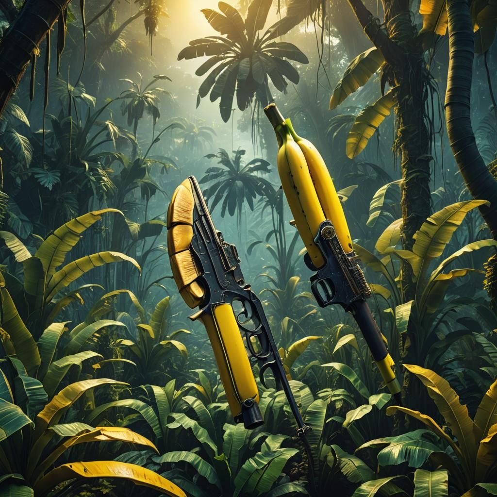 Banana with Shotgun in Dreamlike Jungle Art
