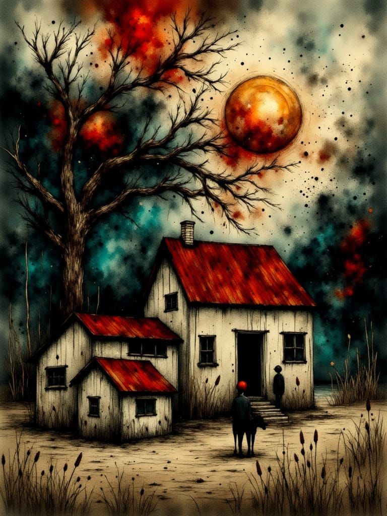 Surreal Seashore Farmhouse with Twisted Trees