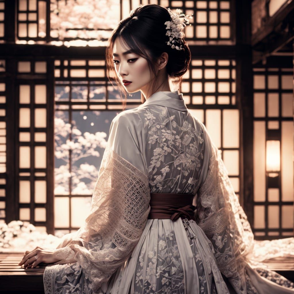 Japanese Woman in Lace Kimono: Cinematic Portrait