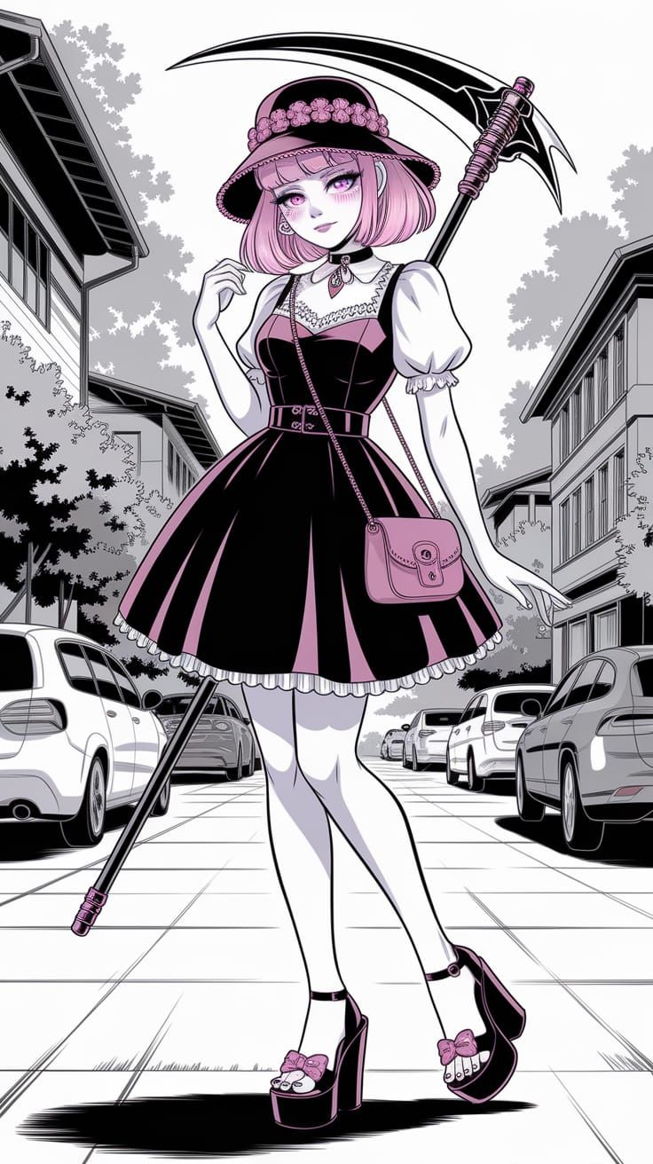 Gothic Reaper Woman in Cottage Core Fashion Sketch