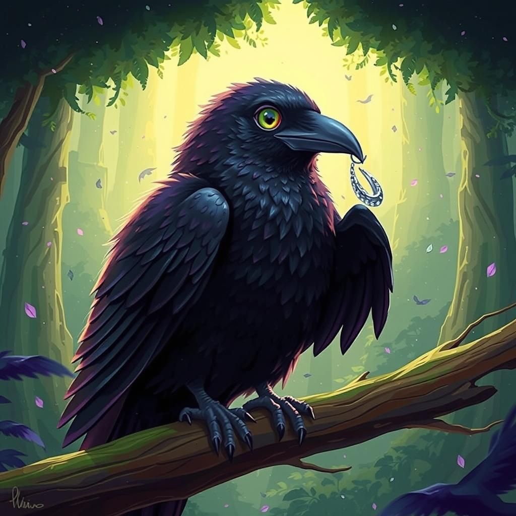 Happy Fae Raven Familiar with Silver Earring