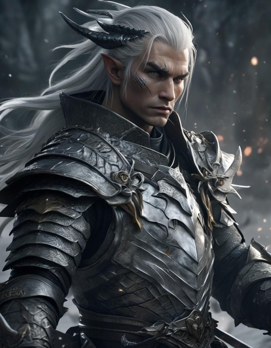 Platinum Dragonborn Swordmaster Portrait in High Fantasy