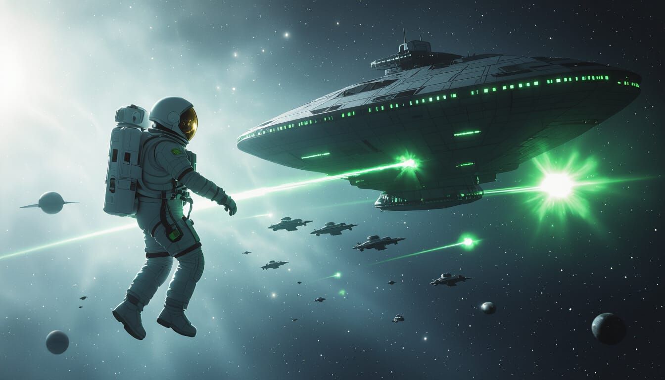 Astronaut and Aeronef in Gritty Sci-Fi Space Battle