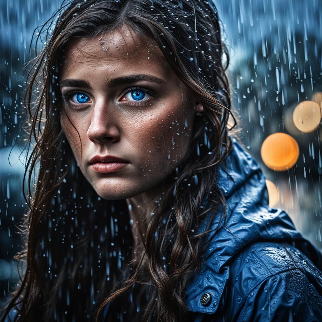 Hyperrealistic Blue-Eyed Brunette in Rainy Cinematic Portrai...