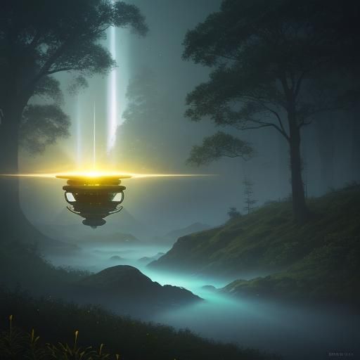 Glowing UFO Over Serene Landscape: Ethereal Sci-Fi Art