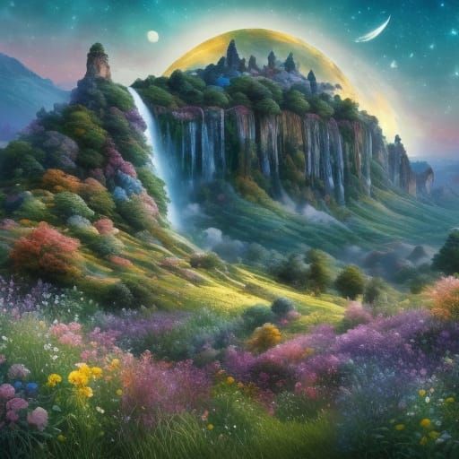 Magical Landscape with Dragon and Aurora