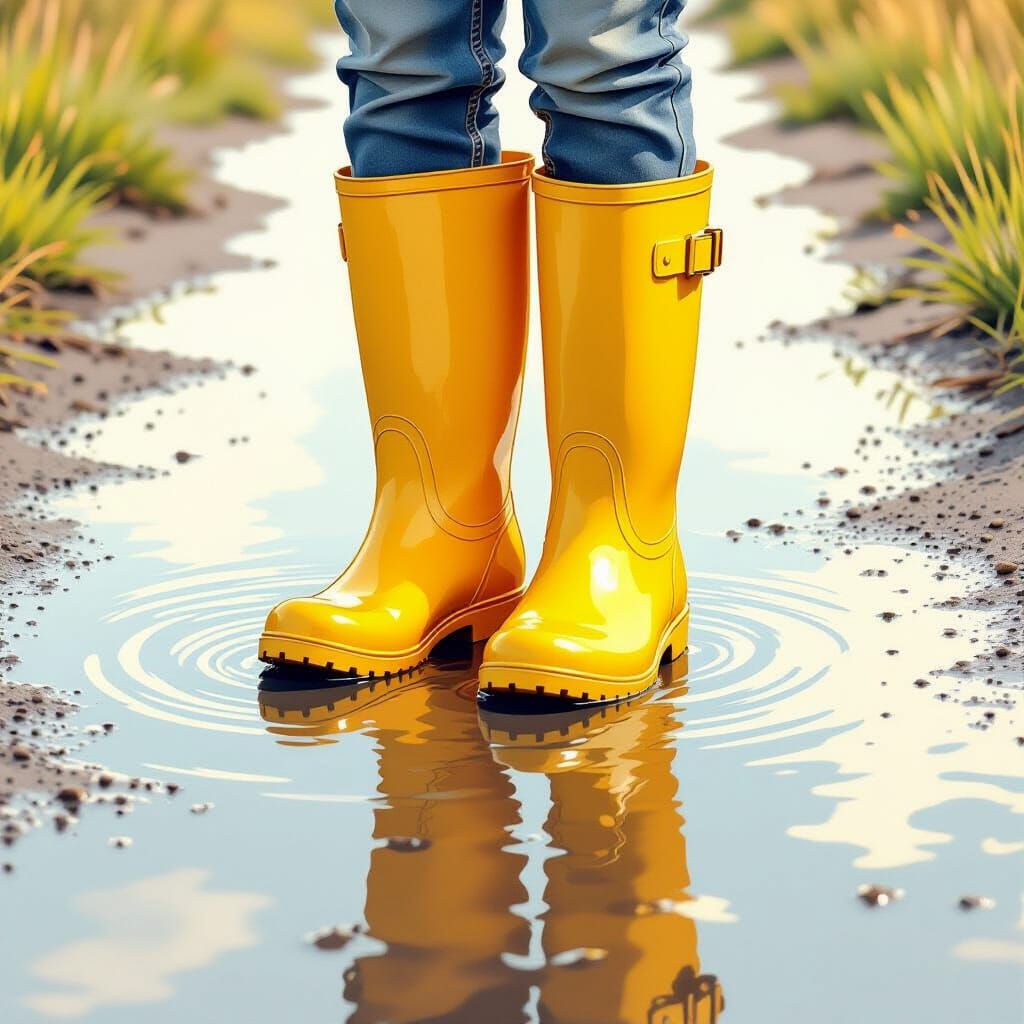 Bright Yellow Rubber Boots in Puddle