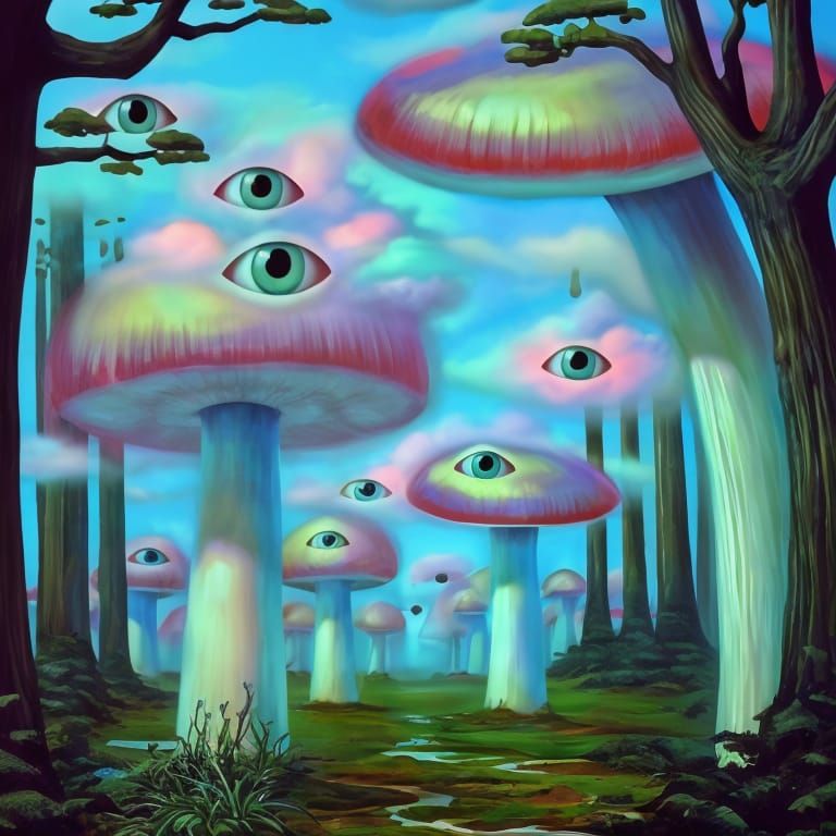 Weirdcore Forest with Floating Eyes and Mushrooms