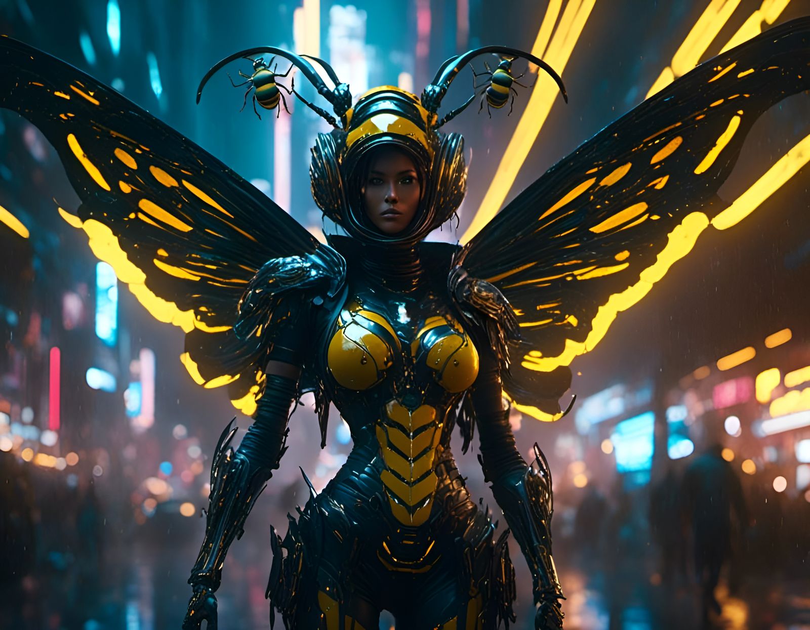 Cyberpunk Queen Bee in Chrome Armor