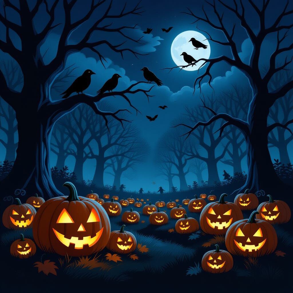 Dark Spooky Night With Crows and Smiling Pumpkins