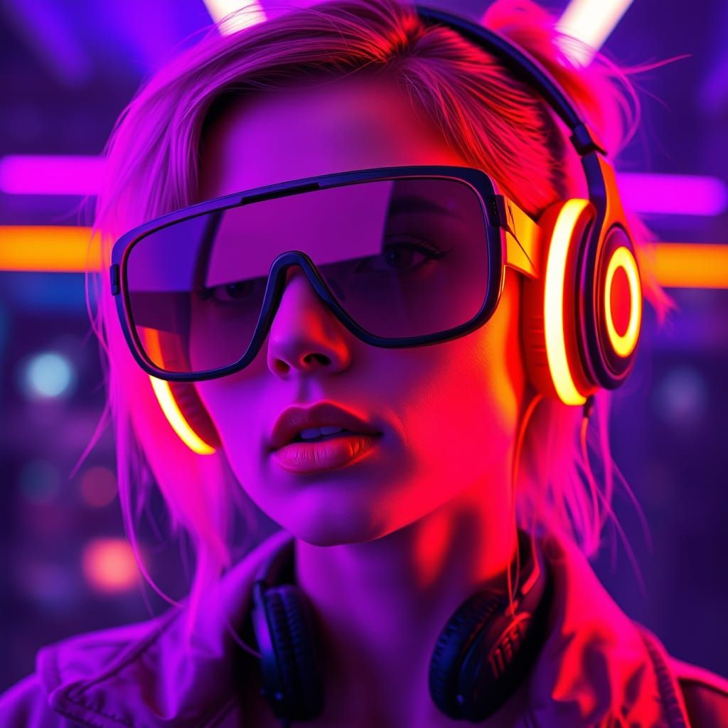 Glamorous Retro-Futuristic Woman in Neon Attire