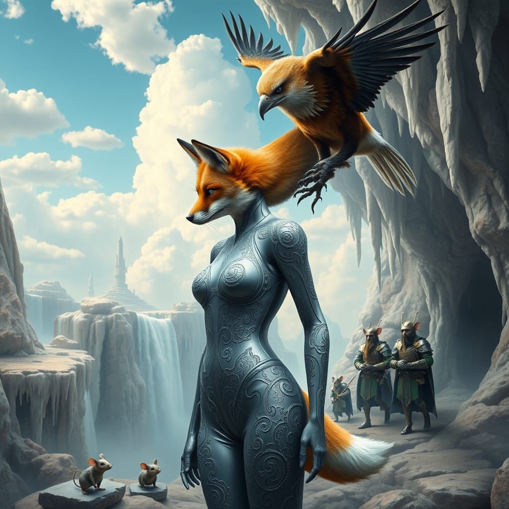 Biomechanical Goddess with Triad Head in a Dreamlike Landsca...