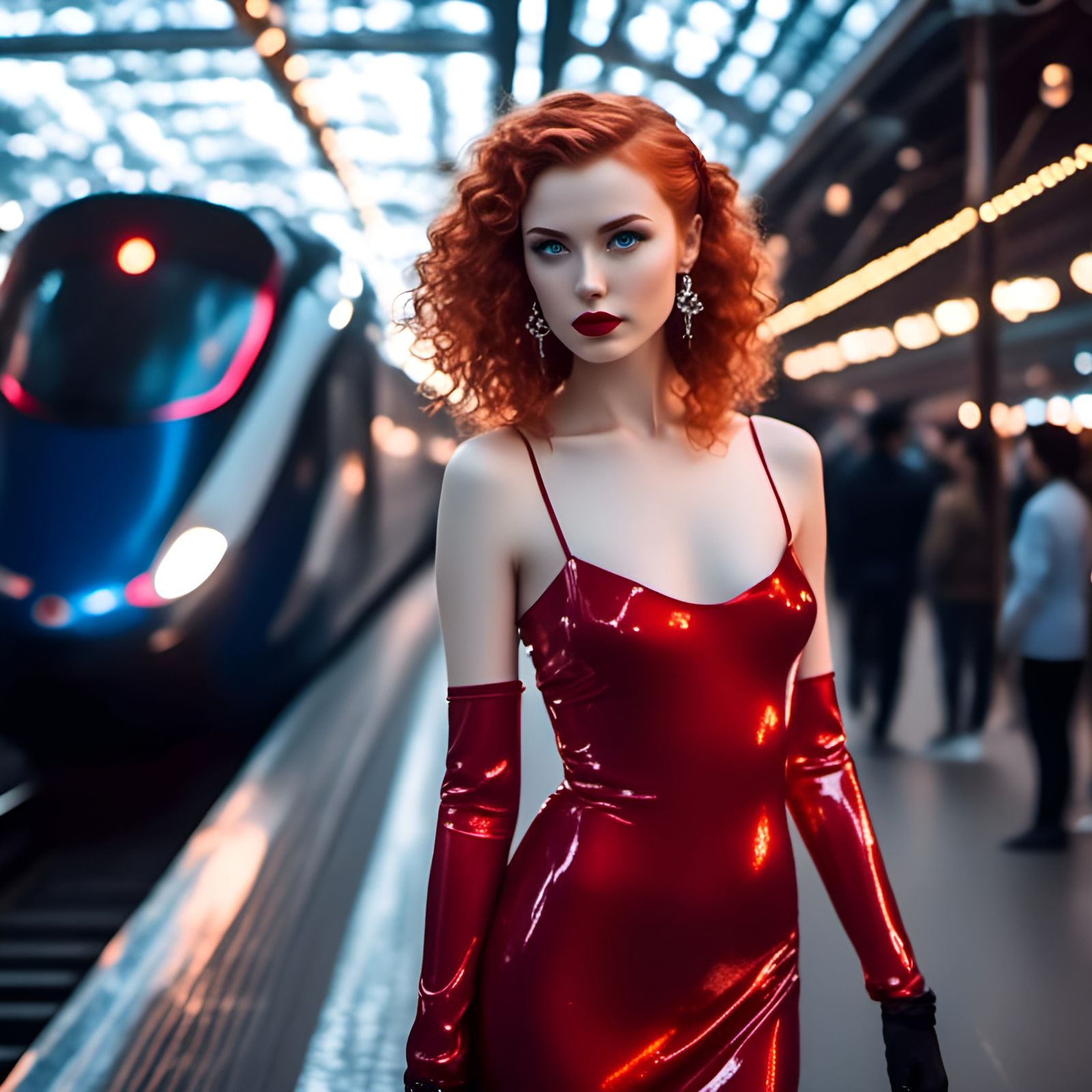 Redhead on Train Platform in Cyberpunk Style