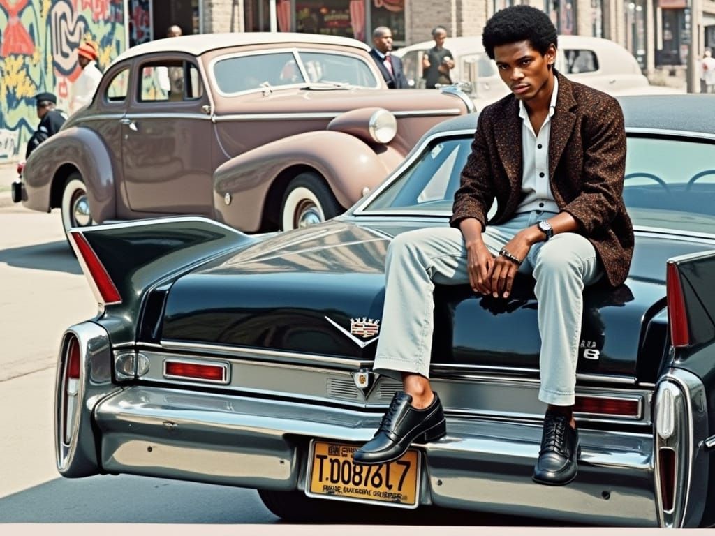 Young Man Sits on Vintage Cadillac in Harlem, 1970s