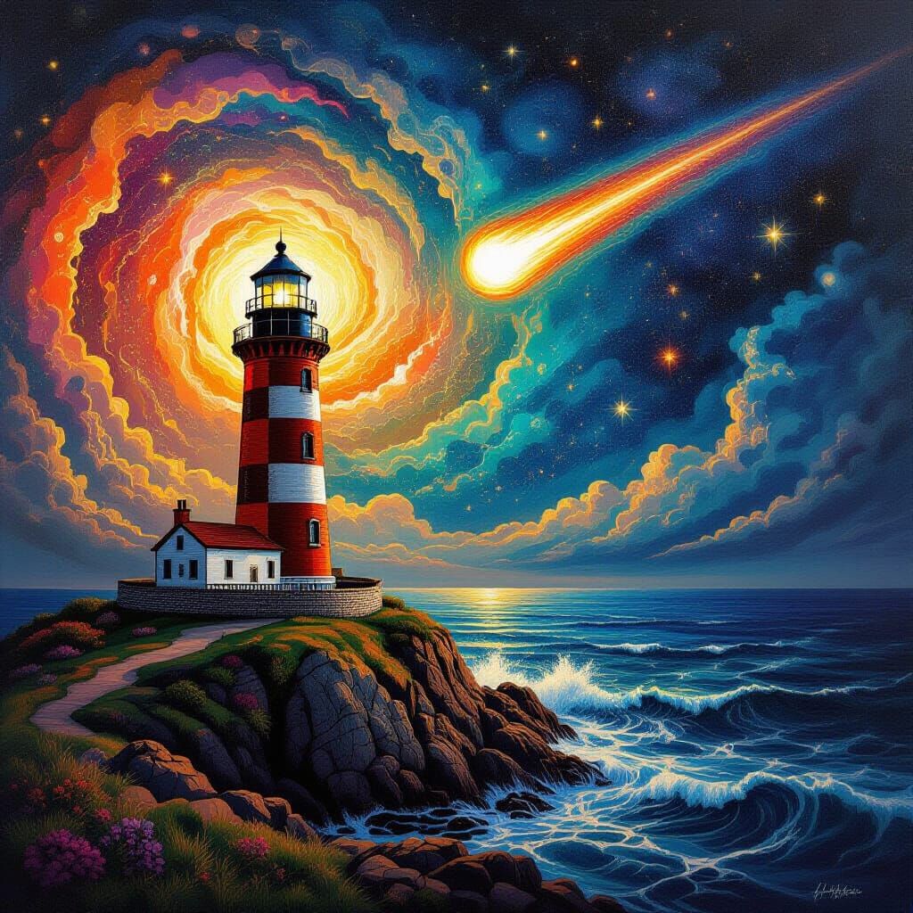 Bell Rock Lighthouse Guides a Comet, Visionary Art