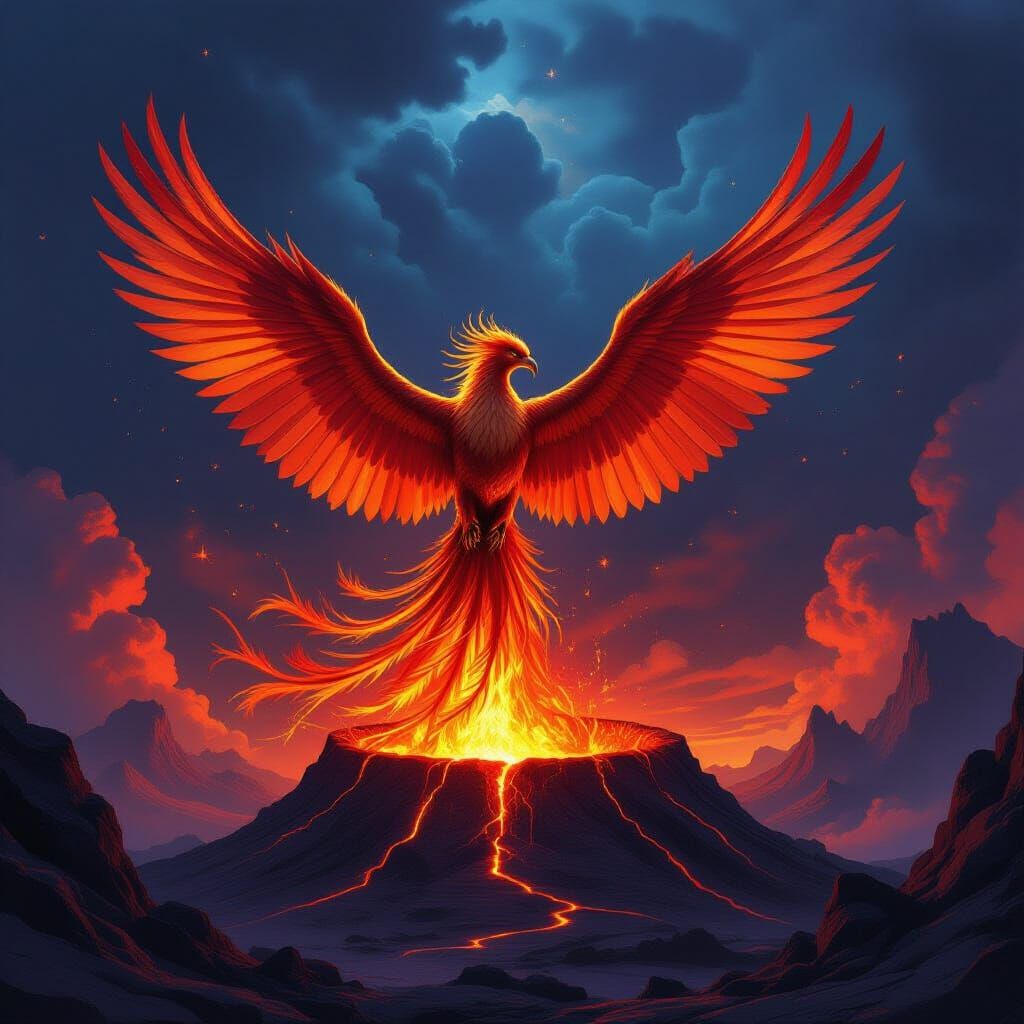 Majestic Phoenix Erupts From Volcano in Epic Fantasy Art