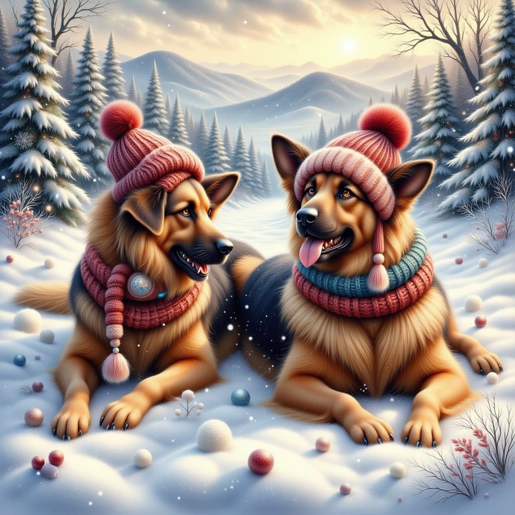 Two German Shepherds Laughing in Snowy Winter Forest