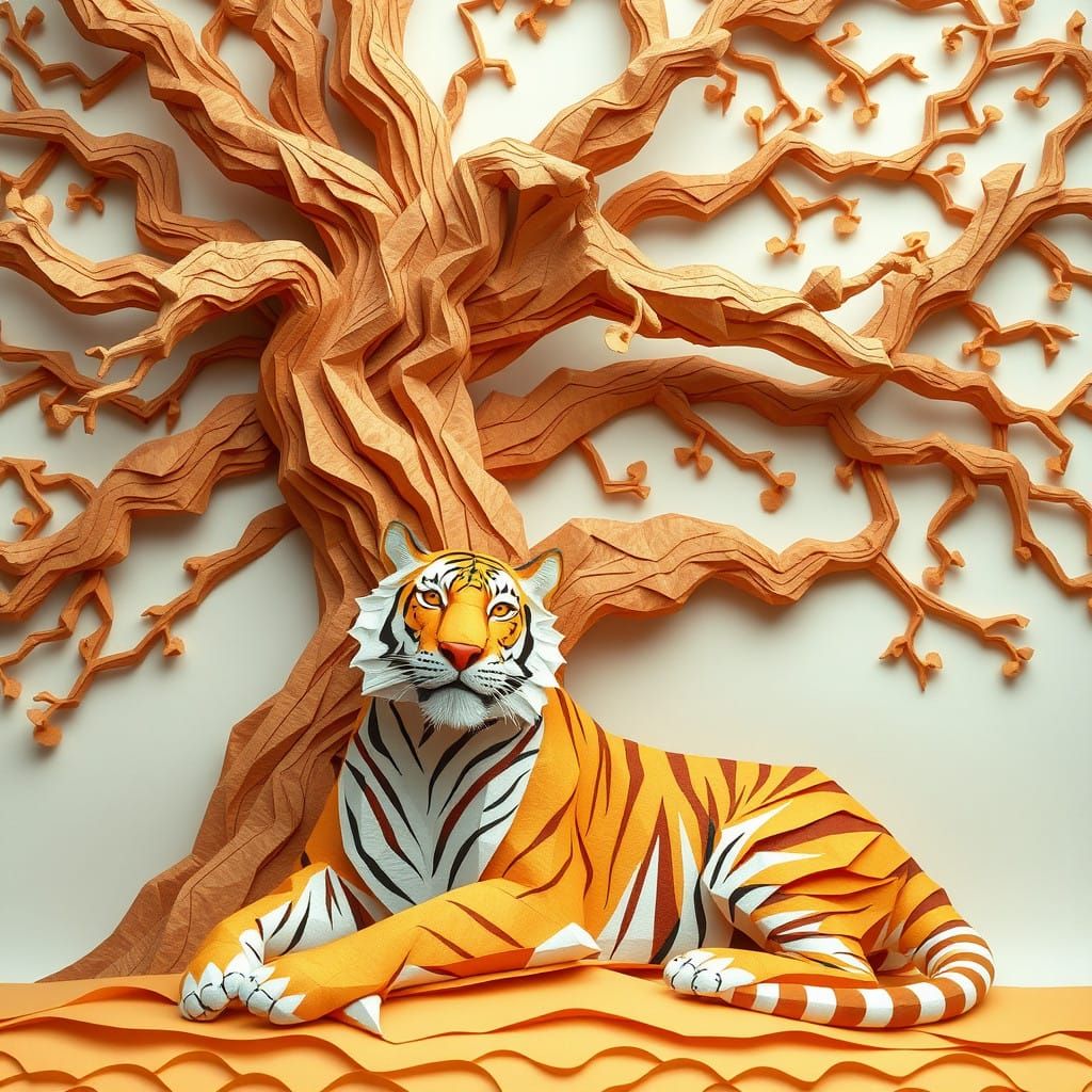 Origami Tiger Rests Beneath Ancient Tree in Whimsical Paper...