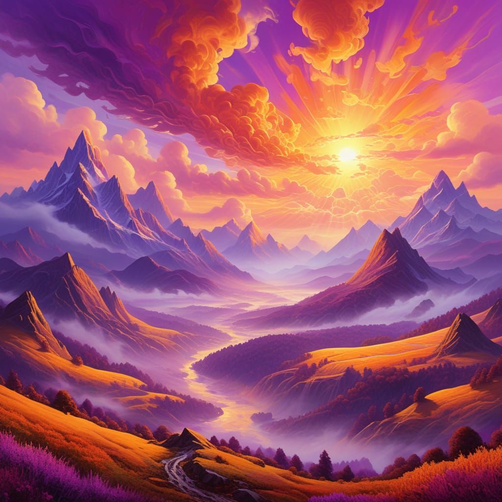 Morning dawn, psychedelic, painting.