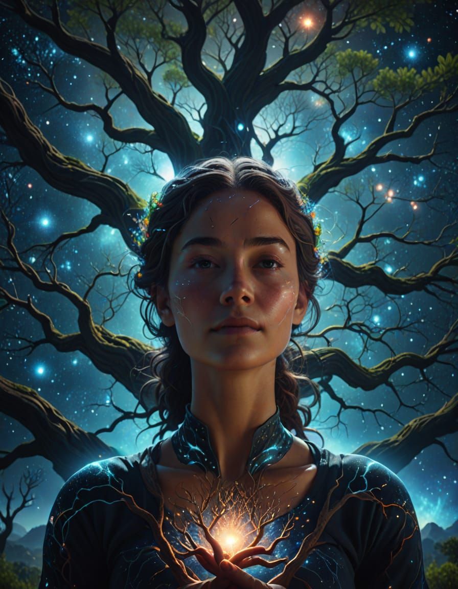 Meditating Woman Under Cosmic Tree of Life in Vibrant Digita...