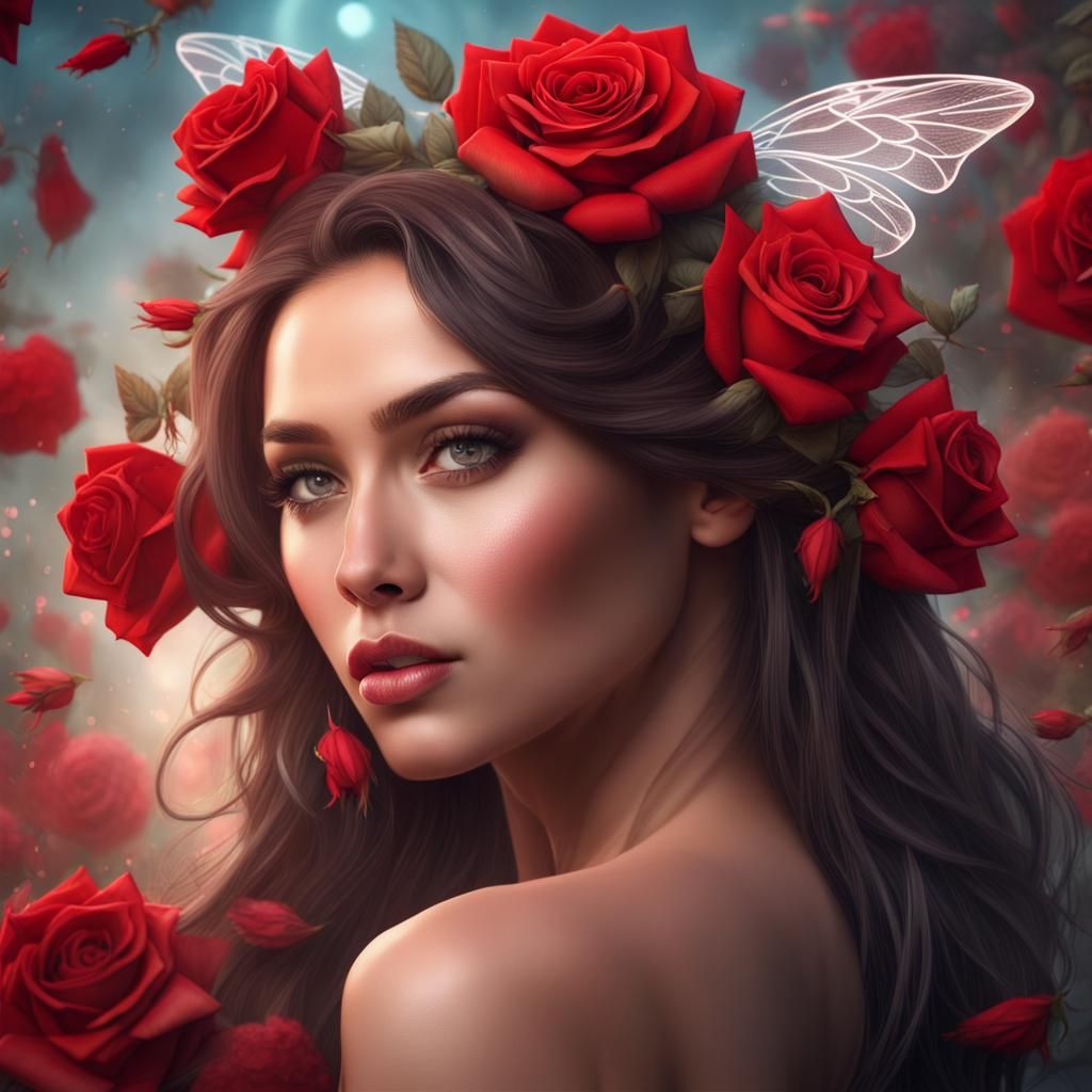 Brunette Fairy Portrait with Roses in Matte Painting Style