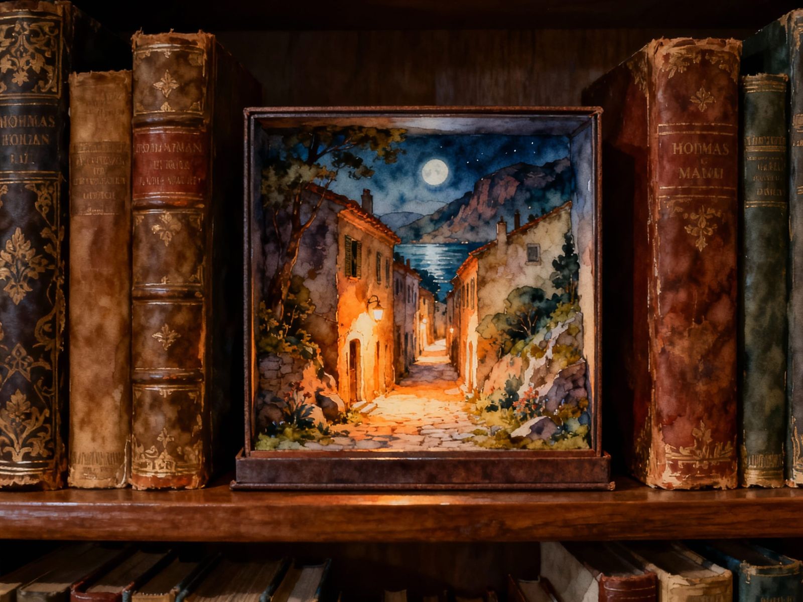 Mystical Alleyway Diorama on Bookshelf