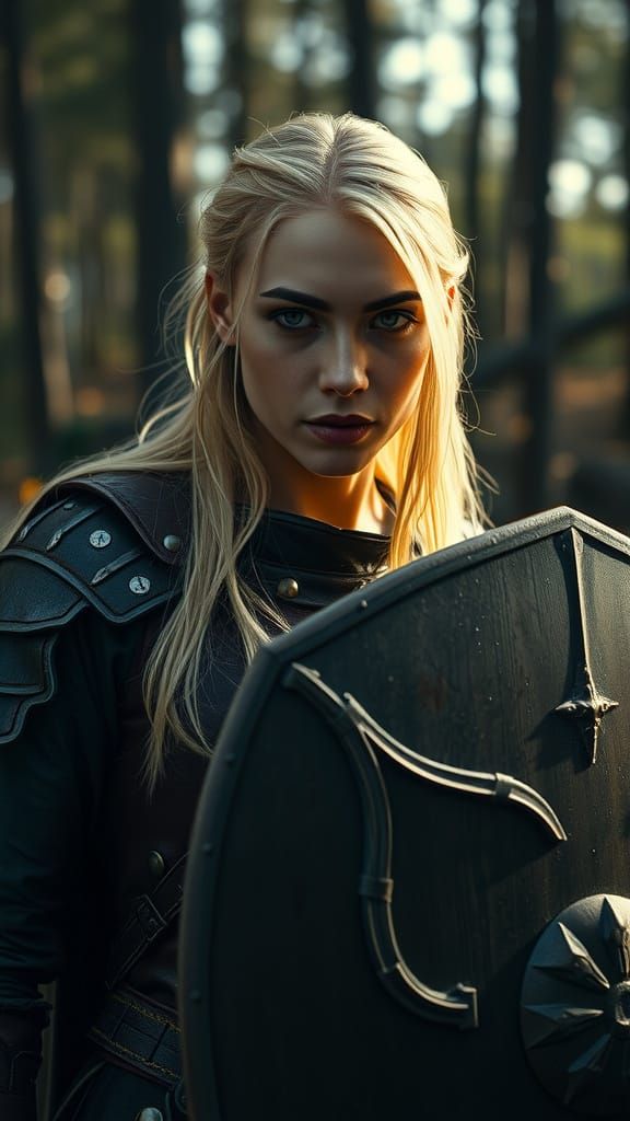 Blonde Shield Maiden in Forest, Cinematic Lighting