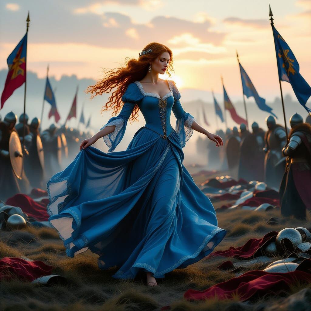 Medieval Woman Dances on Battlefield in Pre-Raphaelite Style