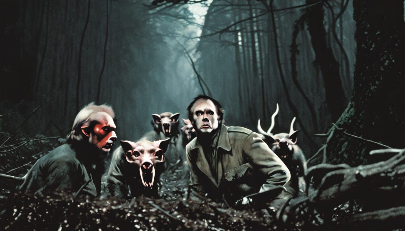 Dark Fantasy Forest Scene with Eerie Monkeys and Pigs
