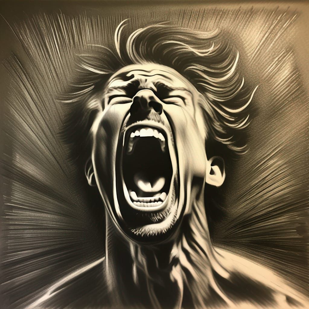 Intense Charcoal Drawing of a Screaming Man