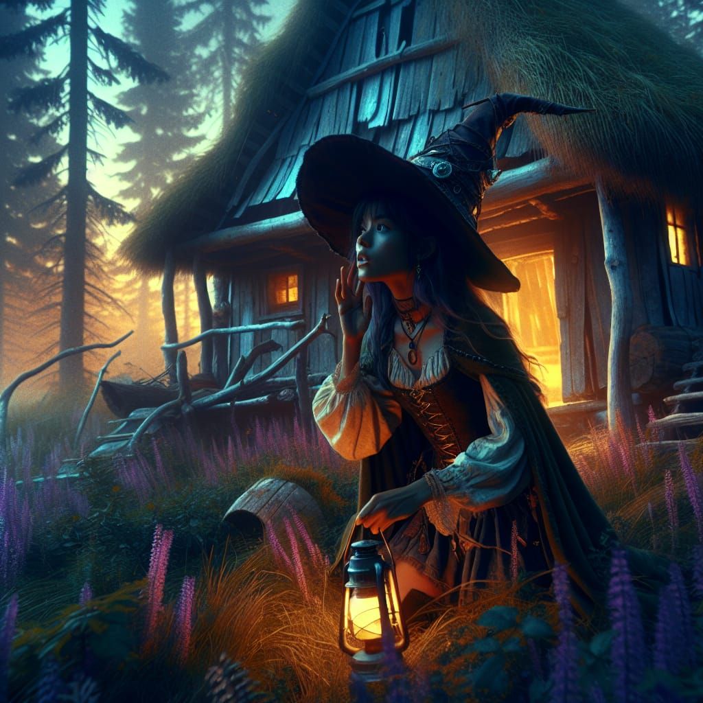 Young Witch Hiding in Woodsman's Hut: Dark Fantasy
