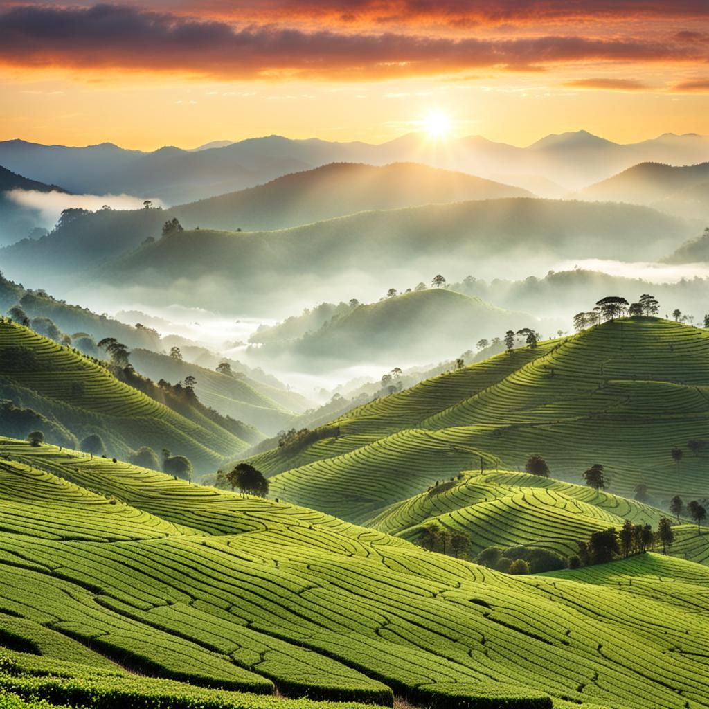 Tea Plantation Sunrise with Misty Valleys