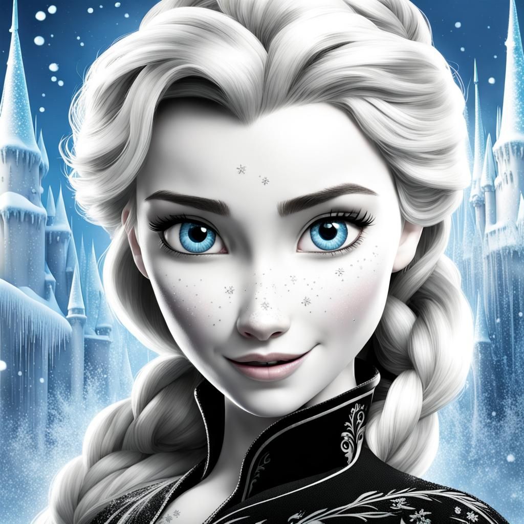 Elsa with Piercing Blue Eyes in Monochrome