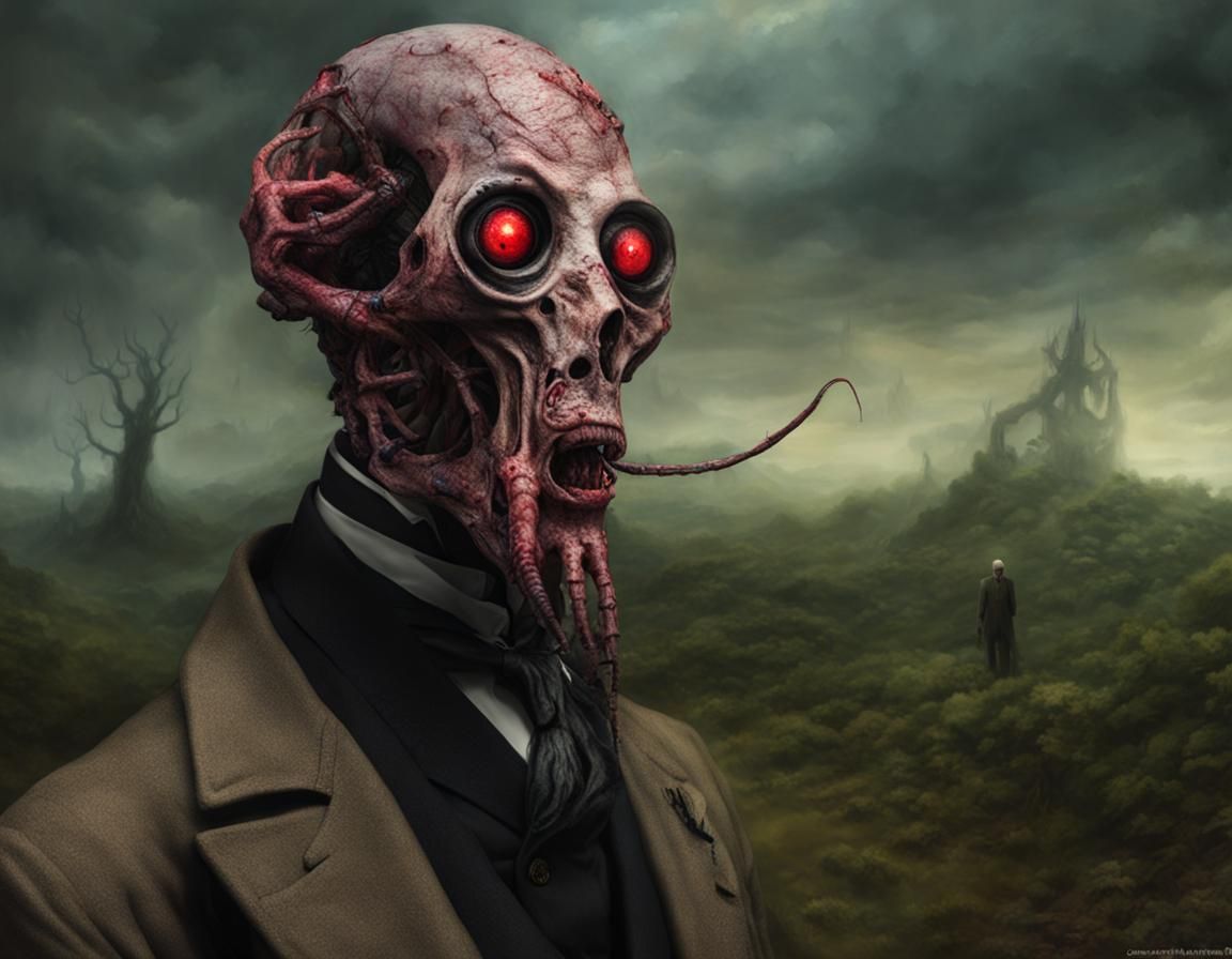 Lovecraftian Humanoid Portrait in Apocalyptic Landscape