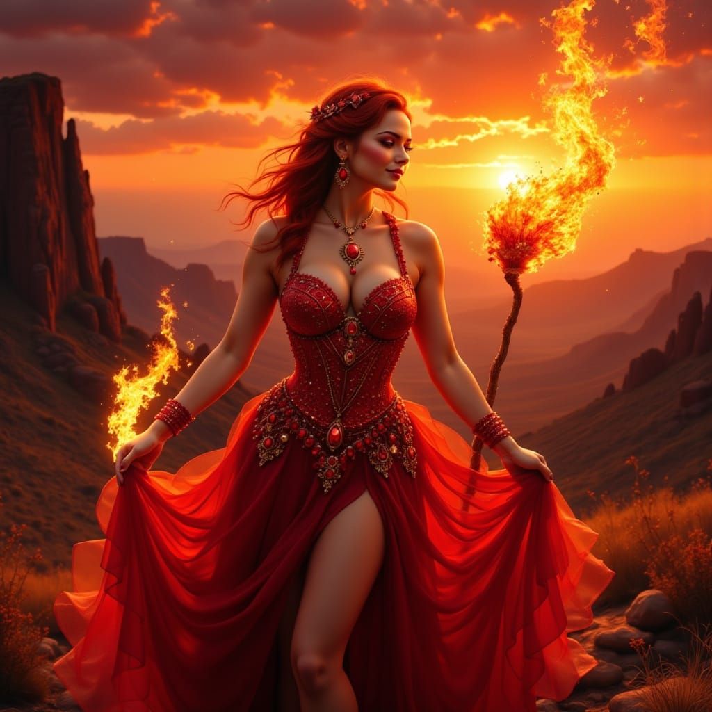 Red Enchantress Shoots Flames in Hyperrealistic Landscape